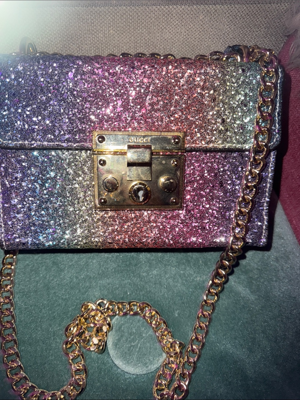 GG Glitter Ombre Chain Shoulder Bag - Pink Purple Silver